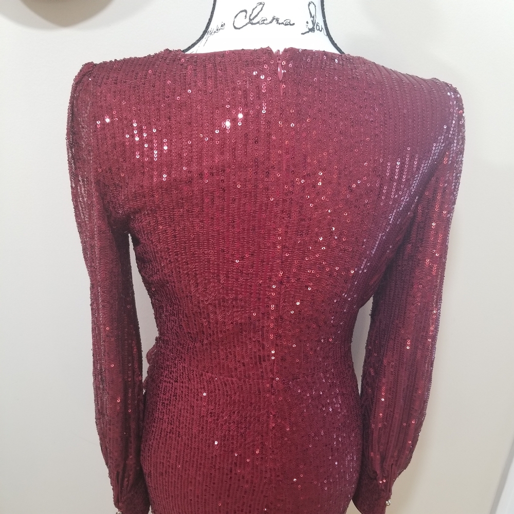 FAERIESTY Sequin Maxi Dress Burgundy Size S. Elegant Burgundy Sequin Gown - Picture 9 of 16